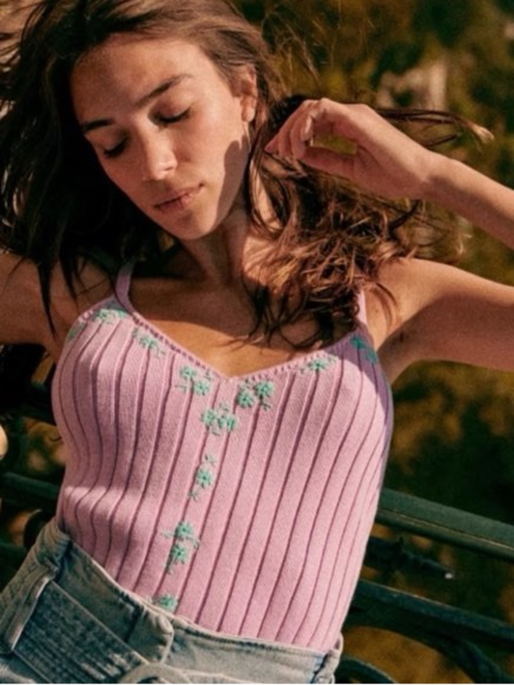 Sezane Ania Lavender Ribbed Camisole Tankwith Mint Floral Embroidery